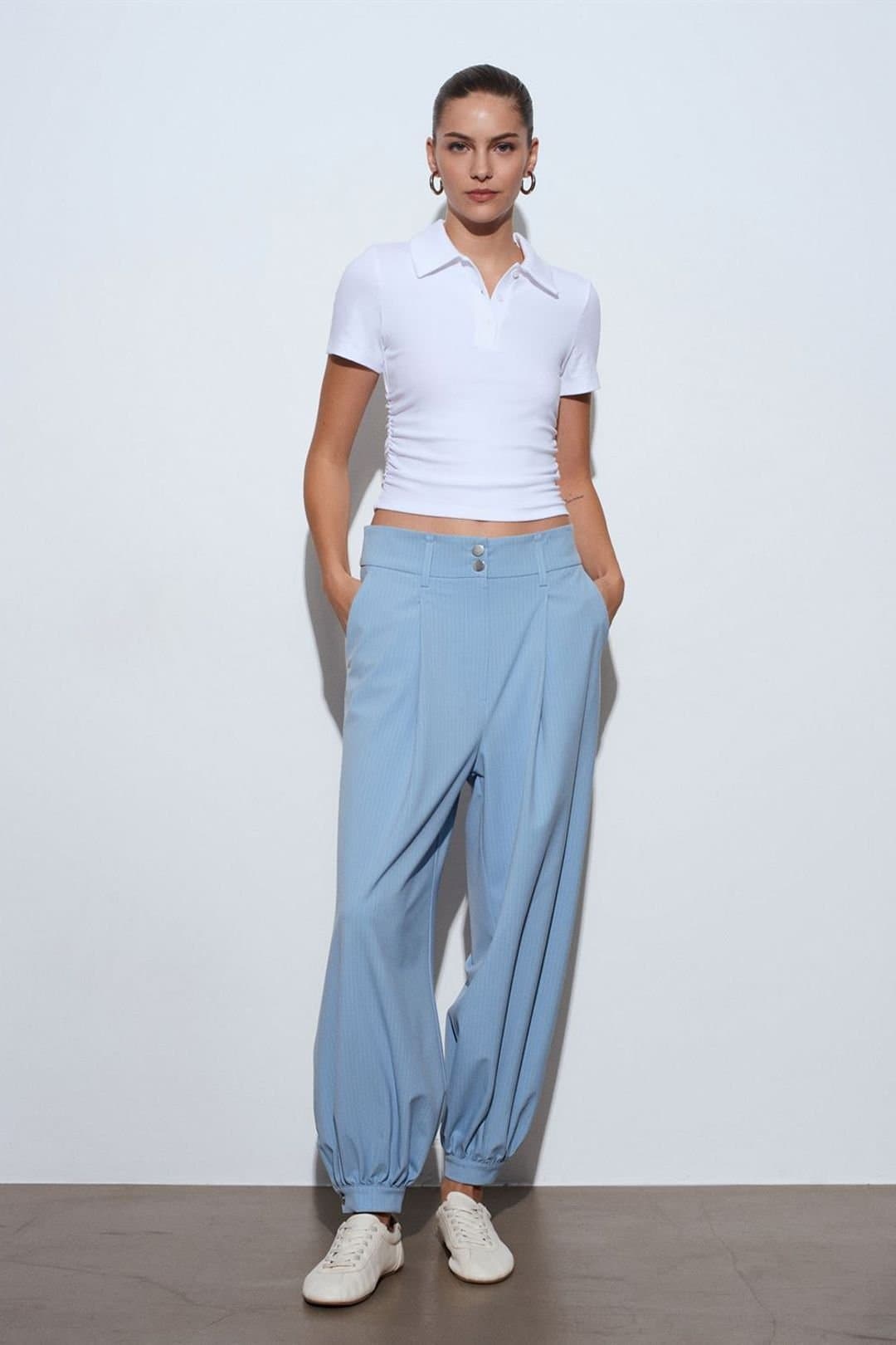 Dilvin Dilvin Women's Striped High Waisted Wide Leg Trousers in Baby Blue