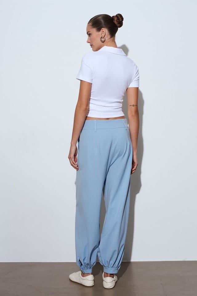 Dilvin Dilvin Women's Striped High Waisted Wide Leg Trousers in Baby Blue - 2