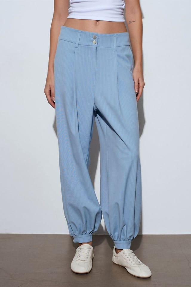 Dilvin Dilvin Women's Striped High Waisted Wide Leg Trousers in Baby Blue - 3