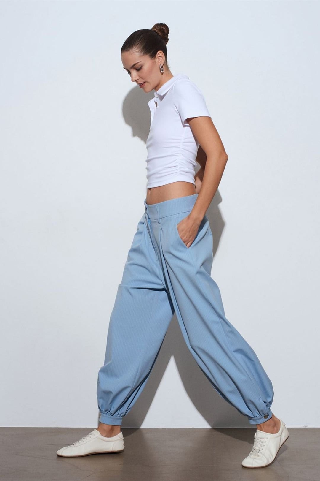 Dilvin Dilvin Women's Striped High Waisted Wide Leg Trousers in Baby Blue - 4