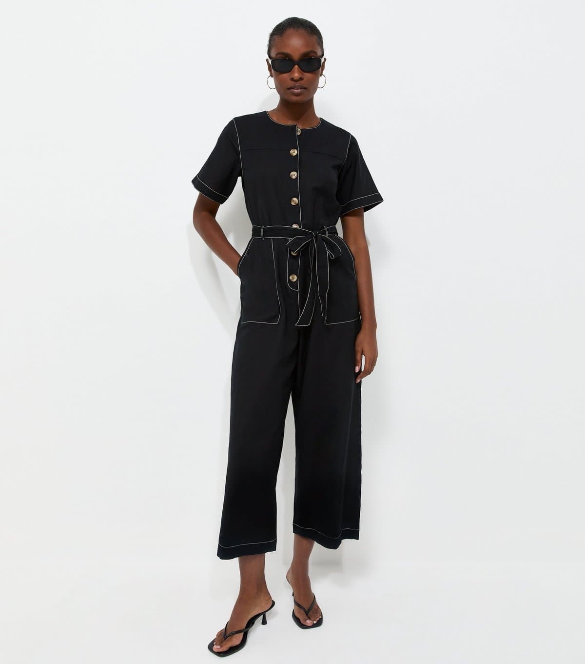 New Look Women's Black Cotton Rich Cropped Wide Leg Jumpsuit New Look