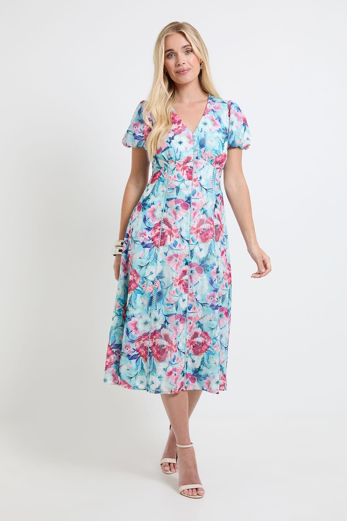 Wallis Wallis Women's Petite Floral Burn Out Ruched Sleeve Midi Dress in Green