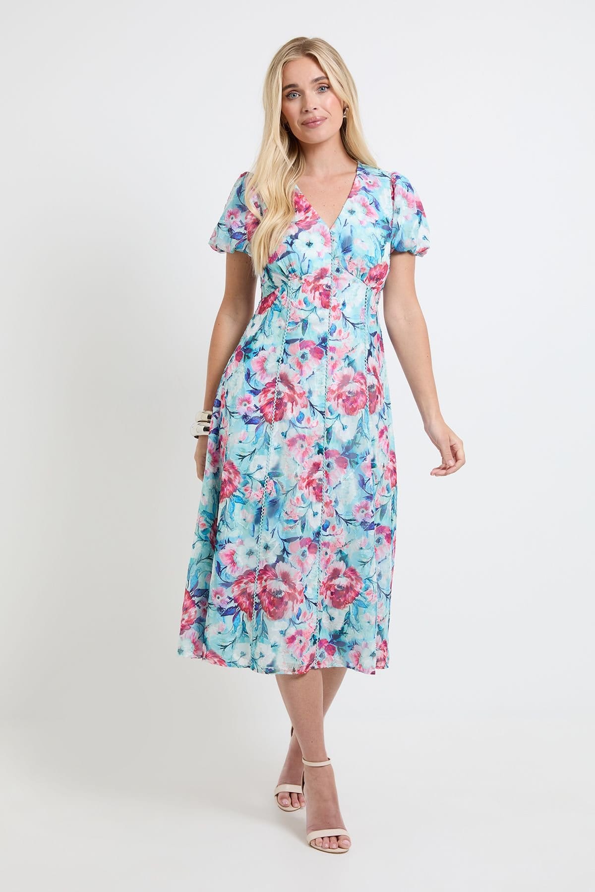 Wallis Green Floral Midi Dress with Ruched Sleeves