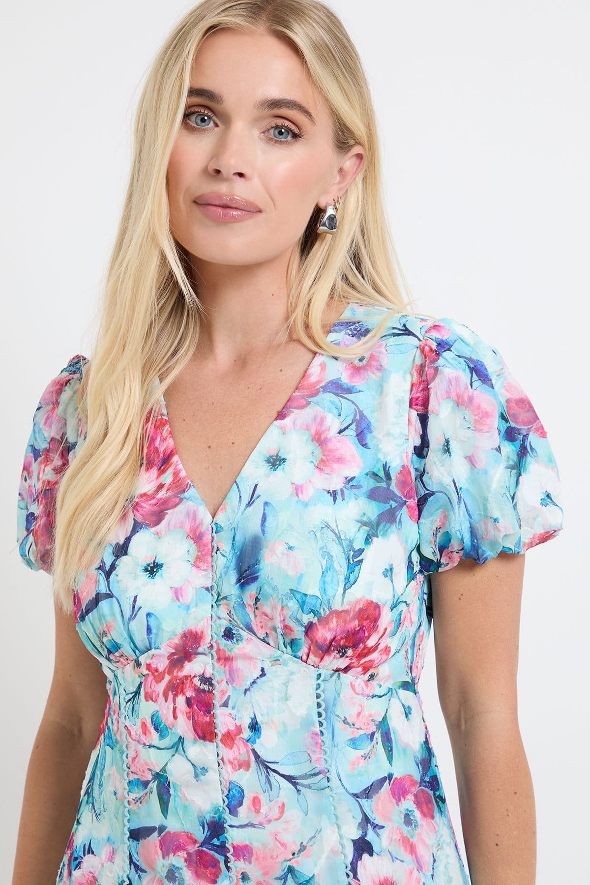 Wallis Wallis Women's Petite Floral Burn Out Ruched Sleeve Midi Dress in Green - 4