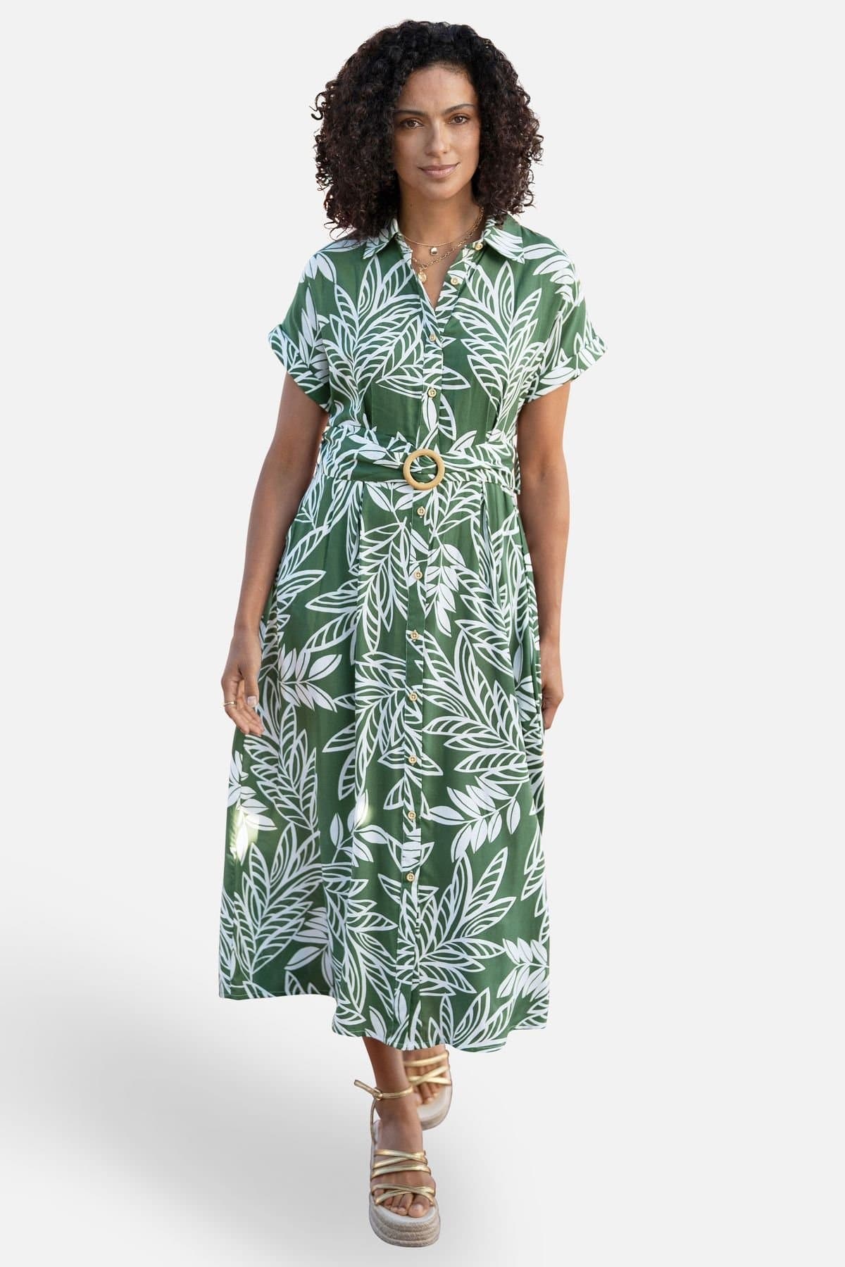 Yumi Yumi Women's Green Leaf Print Viscose Relaxed Midi Shirt Dress in Dark Green