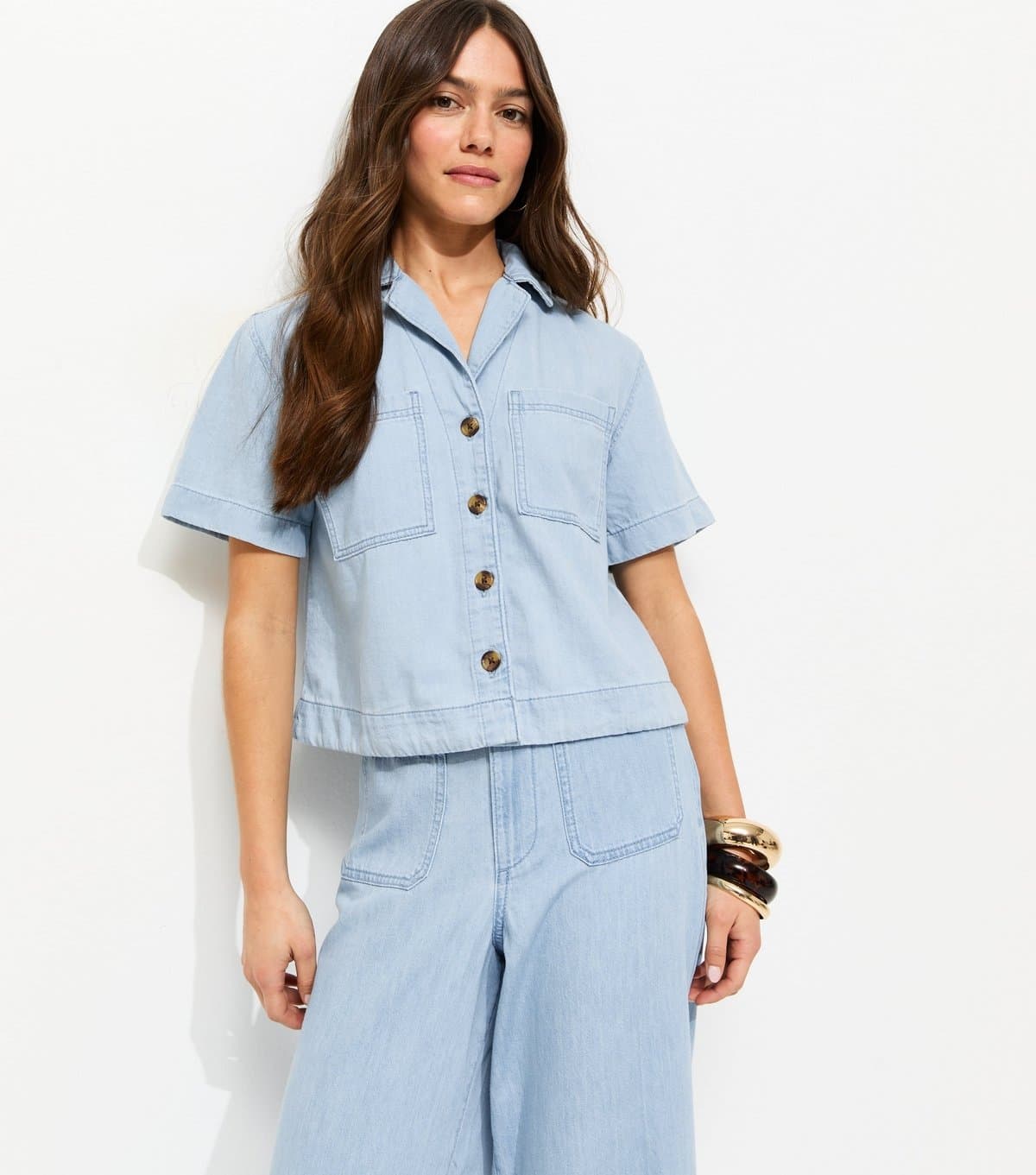 New Look Women's Petite Light Blue Denim Short Sleeve Boxy Shirt New Look