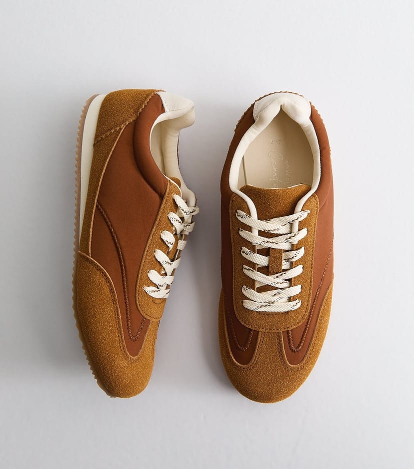 New Look Women's Wide Fit Tan Faux Suede Panelled Lace Up Trainers Vegan New Look - 1