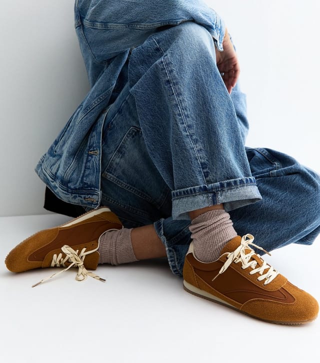 New Look Women's Wide Fit Tan Faux Suede Panelled Lace Up Trainers Vegan New Look - 2