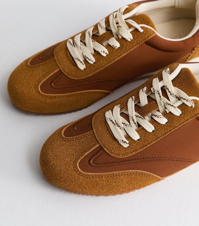 New Look Women's Wide Fit Tan Faux Suede Panelled Lace Up Trainers Vegan New Look - 3