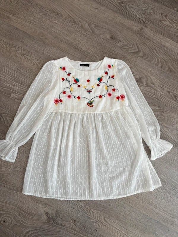 Shein White Embroidered Floral Smock Blouse Tunic Top UK 10 Boho Cottagecore