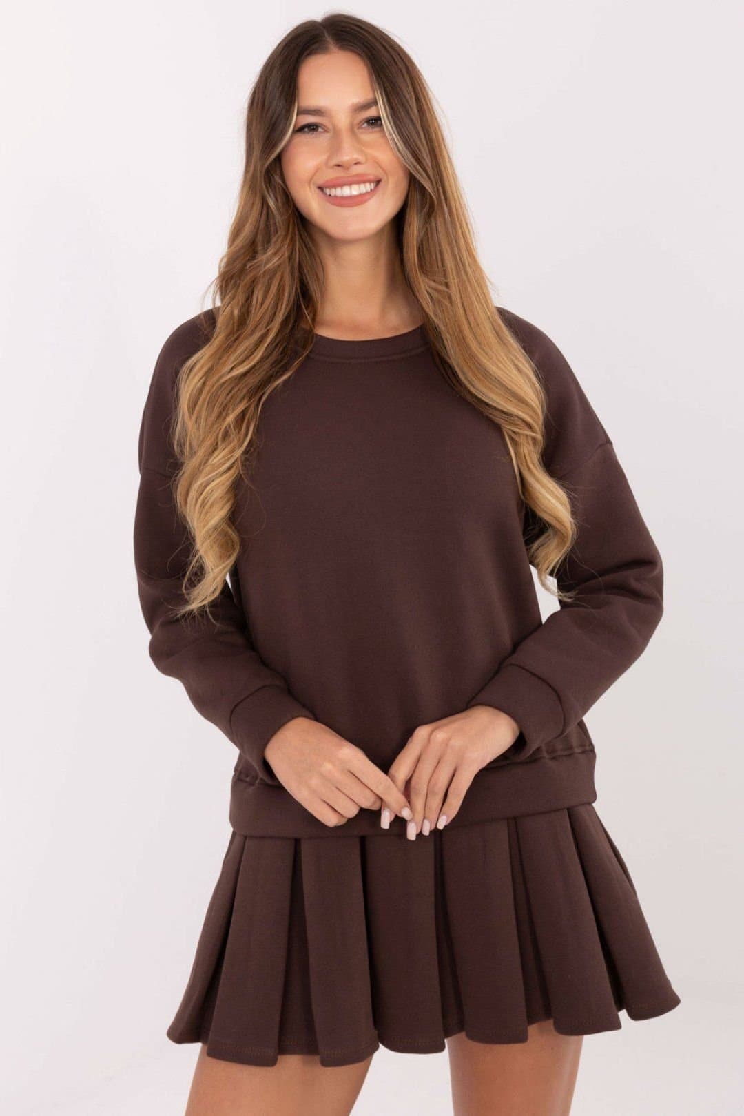 Love Lace Love Lace Women's Cotton Elastane Long Sleeve Pleated Mini Dress in Brown