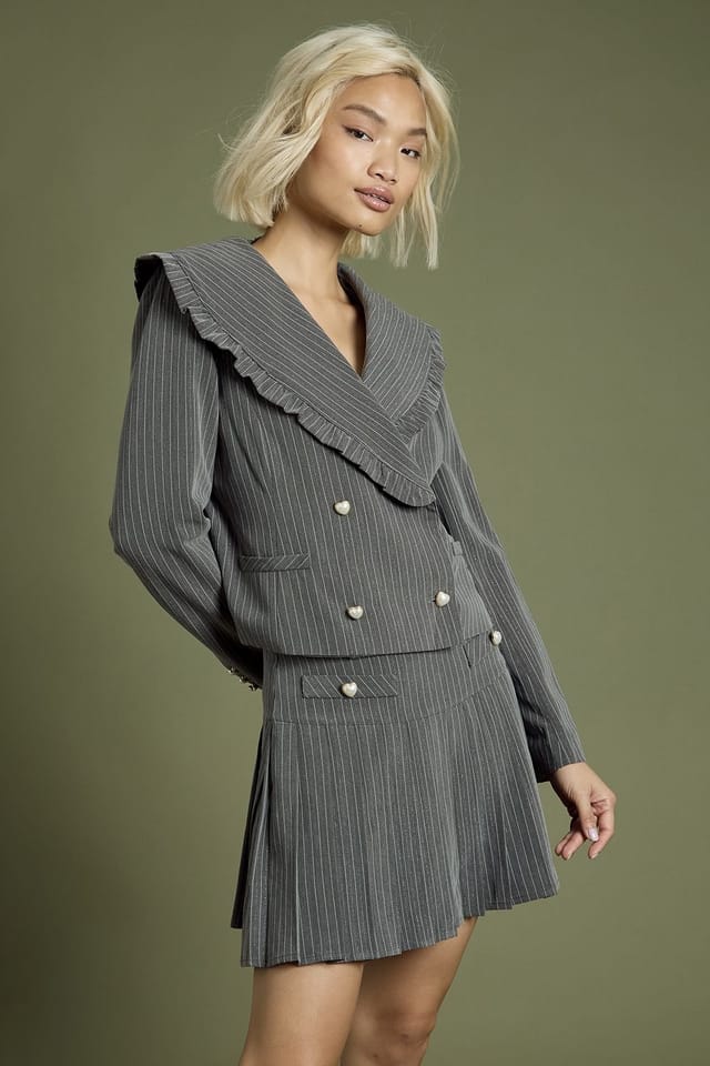Neon Rose Neon Rose Women's Ruffle Edge Cropped Pinstripe Blazer with Buttons in Grey - 3