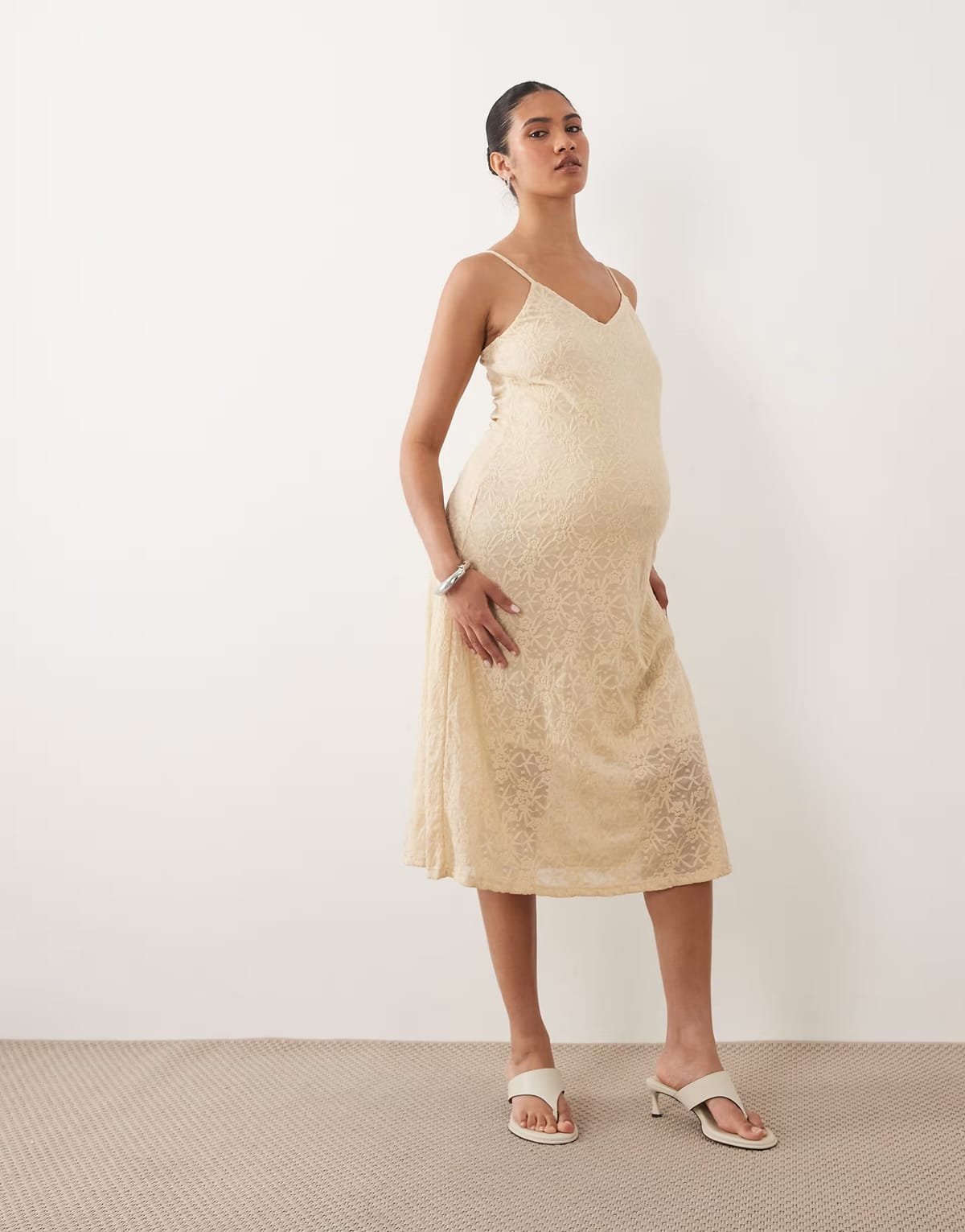 ASOS Mamalicious Maternity all over lace cami strap midi dress in cream - 1