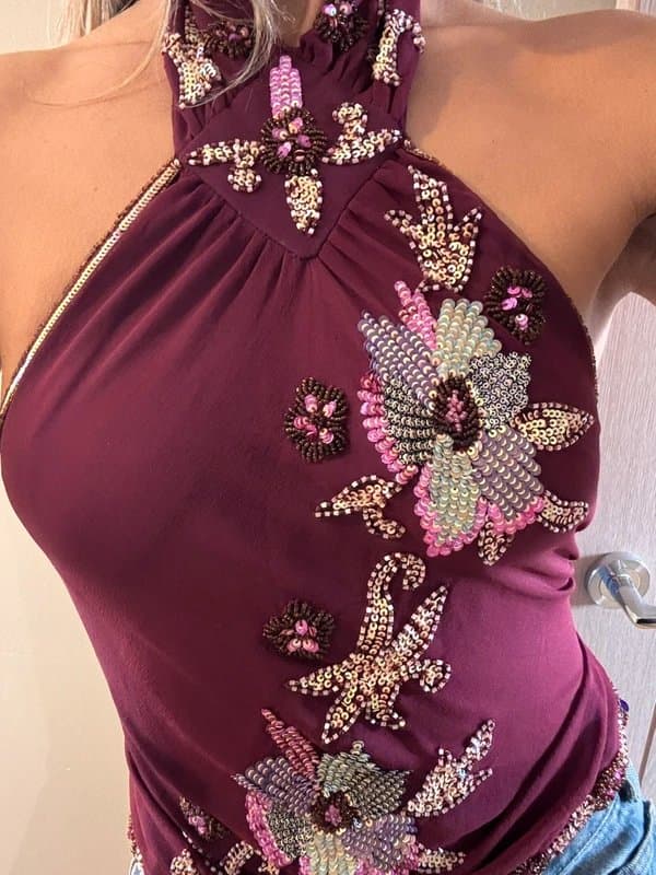 Aftershock Vintage halter neck backless tie embellished top