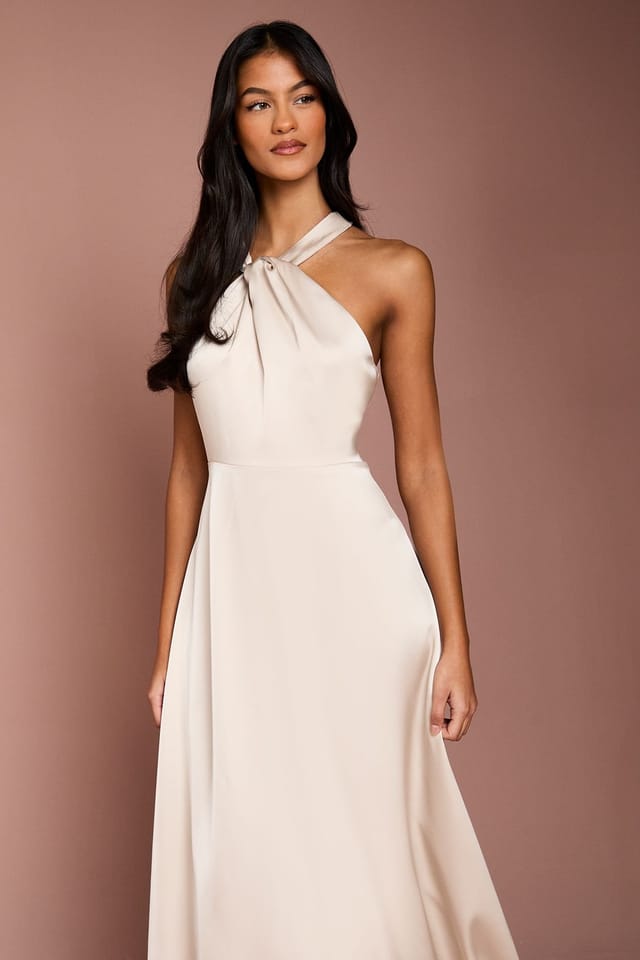 Coast Coast Women's Honoured Petite Twist Halterneck Satin Maxi Bridesmaid Dress in Champagne - 2