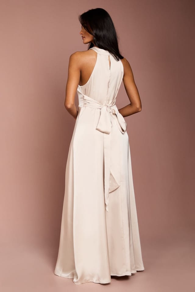 Coast Coast Women's Honoured Petite Twist Halterneck Satin Maxi Bridesmaid Dress in Champagne - 3