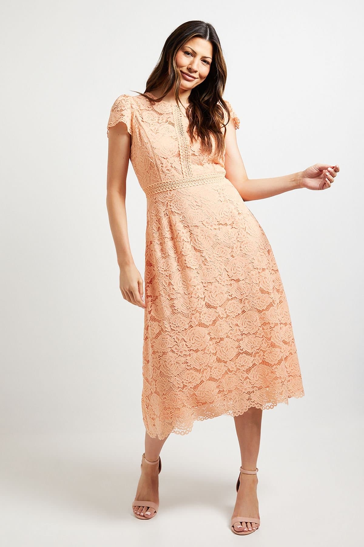 Wallis Wallis Women's Lace Fit & Flare Midi Dress in Peach