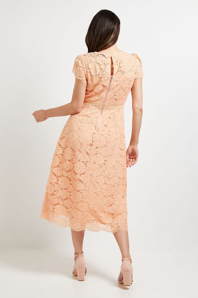 Wallis Wallis Women's Lace Fit & Flare Midi Dress in Peach - 3
