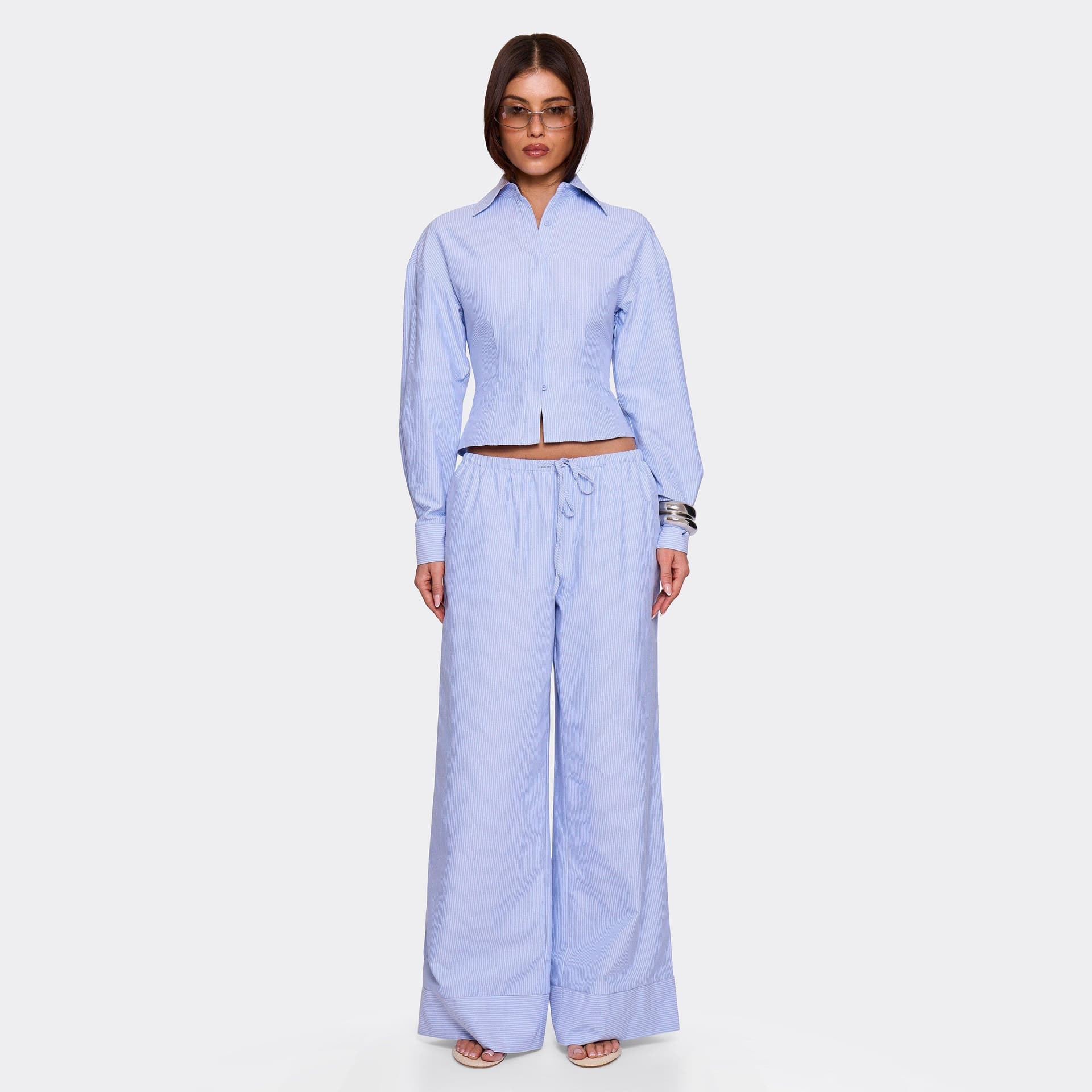 EGO EGO Blue Pinstripe Drawstring Waist Wide Leg Trousers