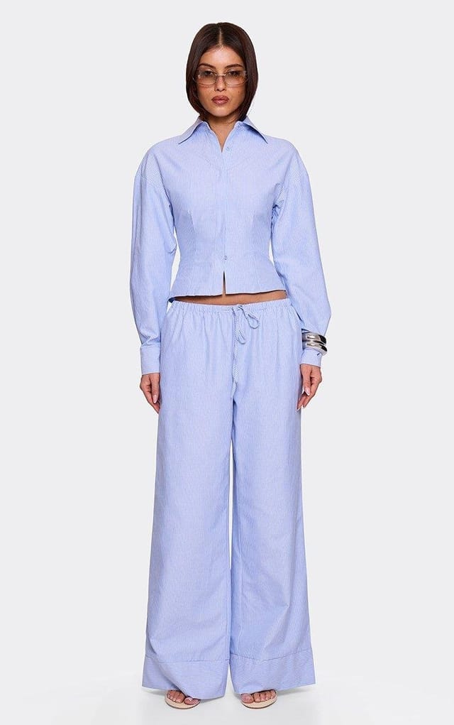 EGO Drawstring Waist Wide Leg Trousers In Blue Pinstripe, Women's Size UK 6 - 2