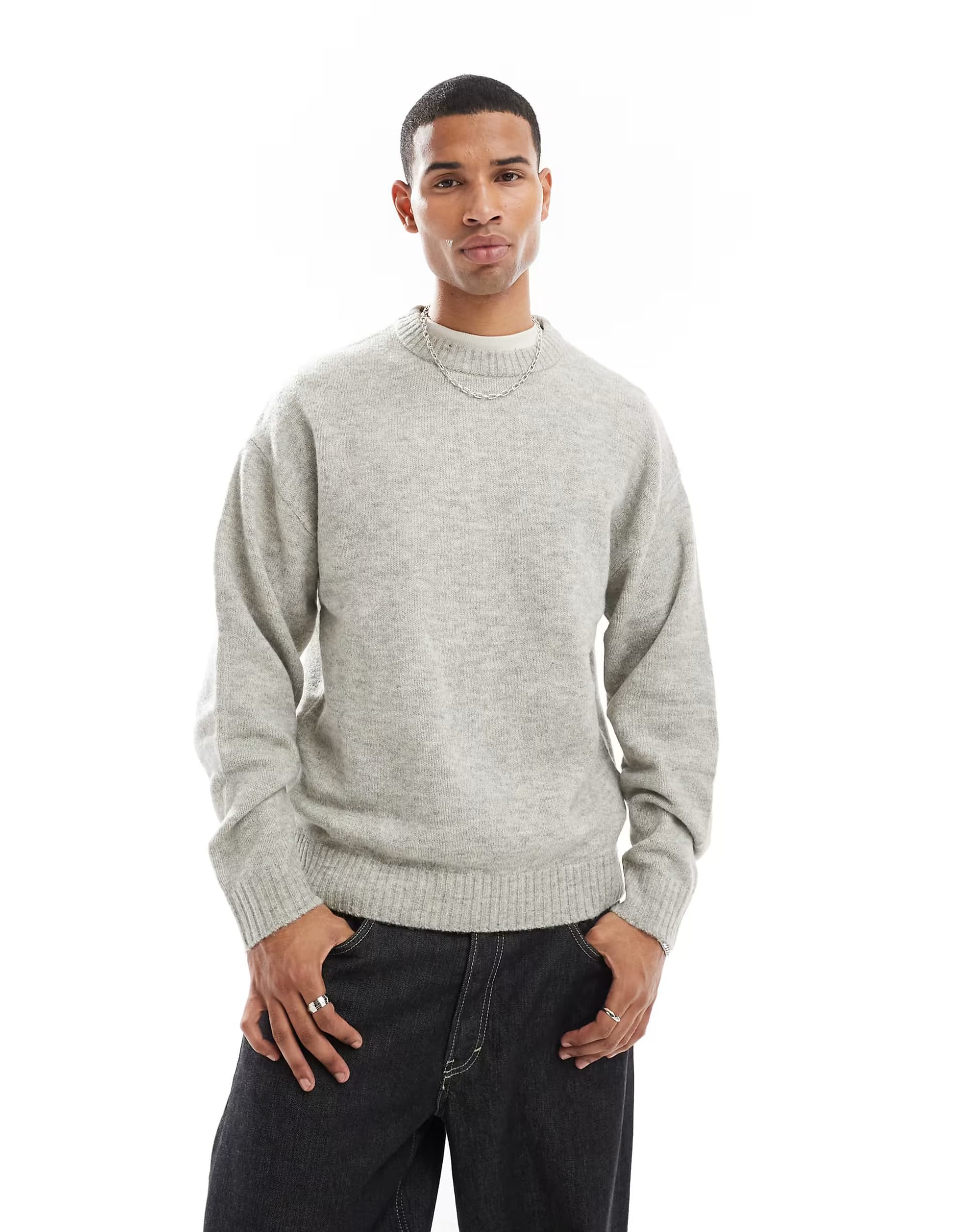 ASOS Jack & Jones oversized fluffy crew neck jumper in light grey marl