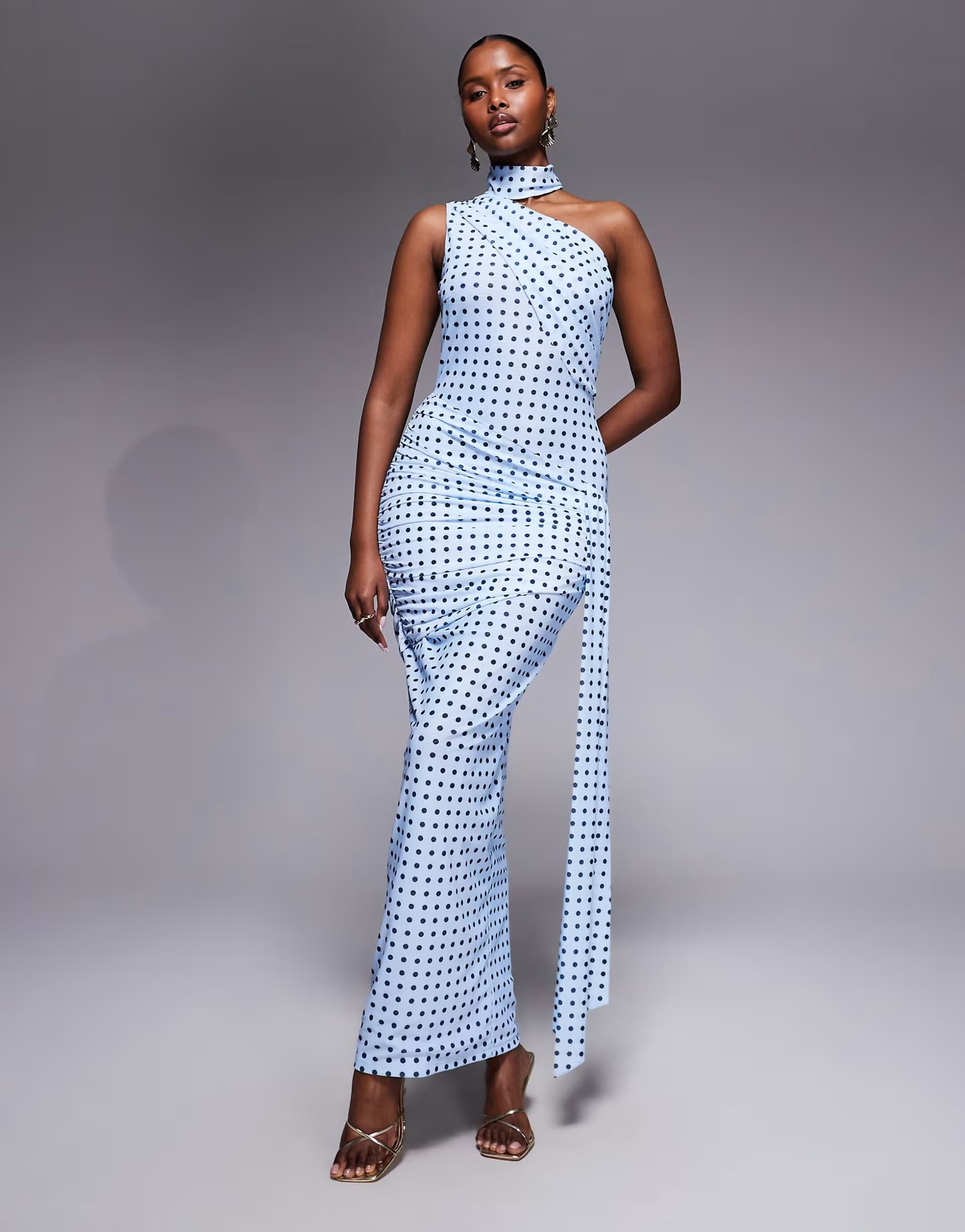 ASOS Ruched & Ready one shoulder halterneck scarf detail ruched waist maxi dress in soft blue polka