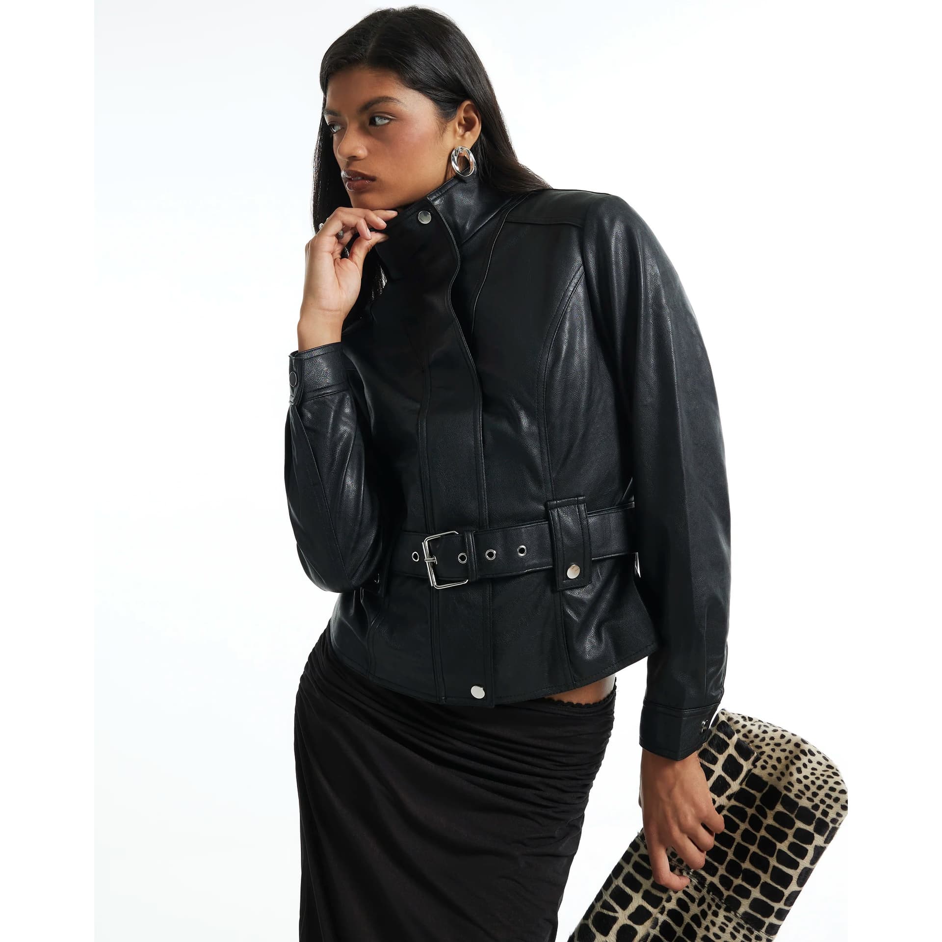 River Island River Island Womens Black Faux Leather Belted Funnel Neck Jacket