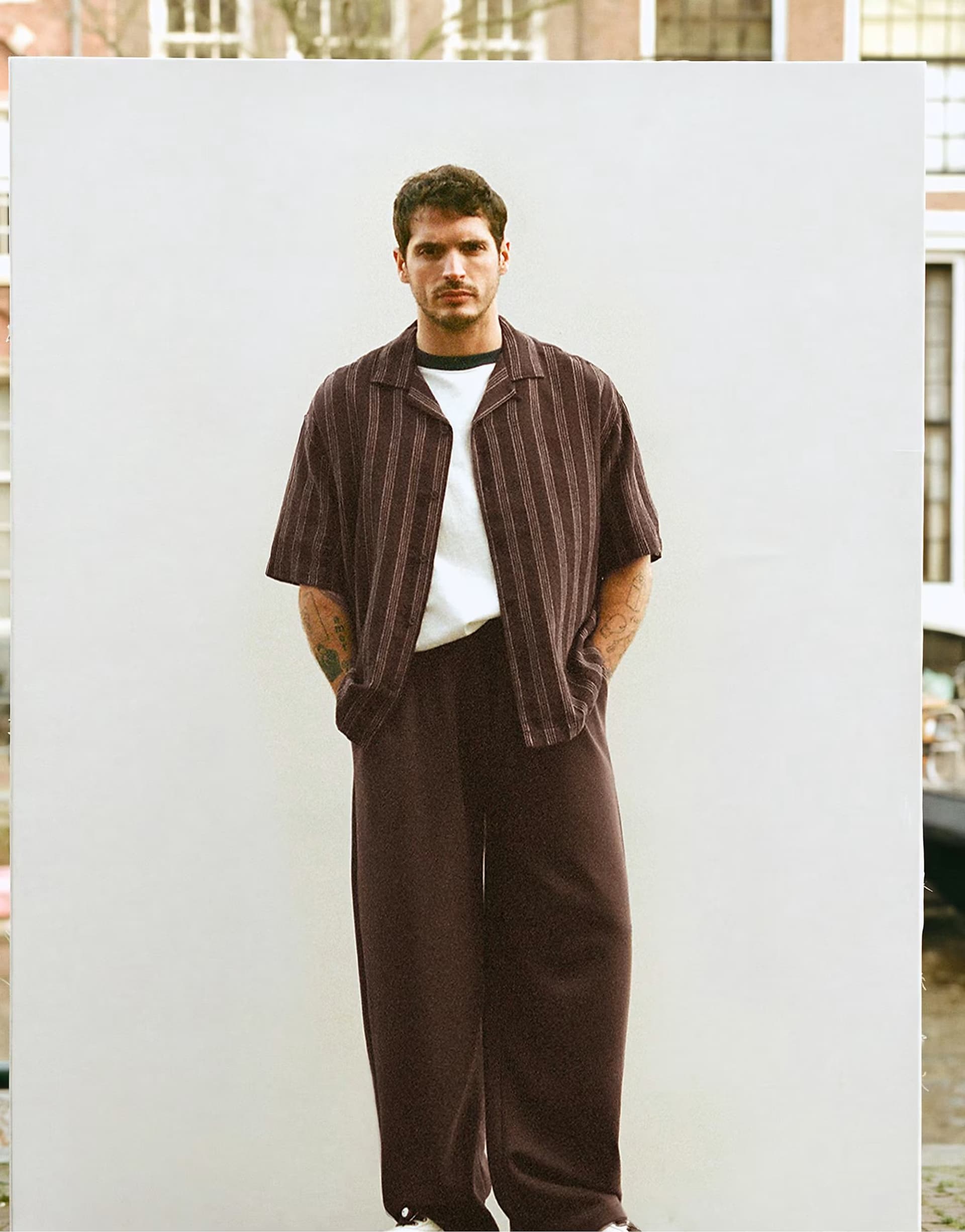 ASOS Pull&Bear Striped short sleeve shirt in chocolate