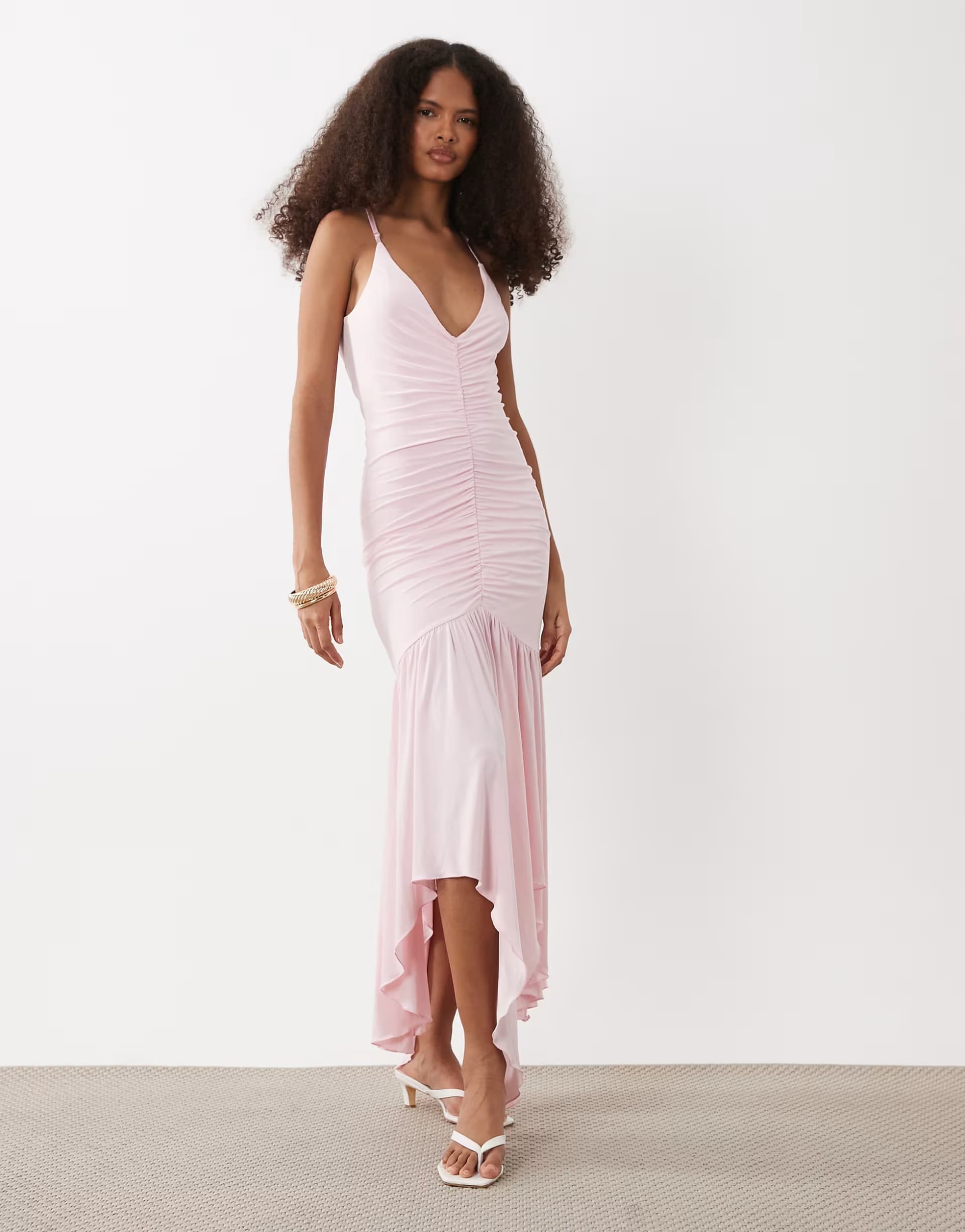 ASOS Fashionkilla exclusive double sculpted slinky cami ruched front detail high low hem detail midaxi dress in baby pink
