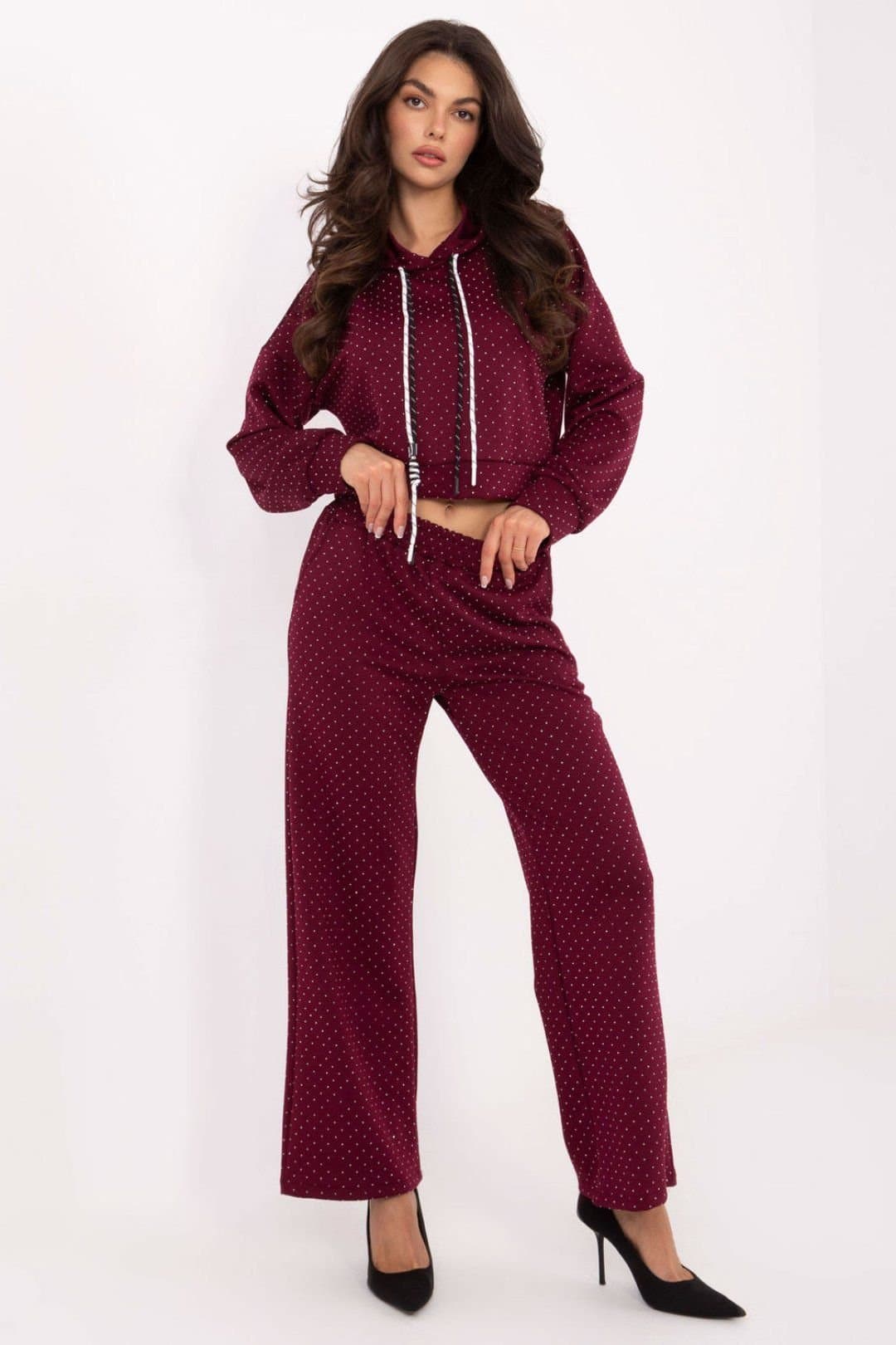 Love Lace Love Lace Women's Jet Applique Hoodie & Wide Leg Pants Set in Burgundy