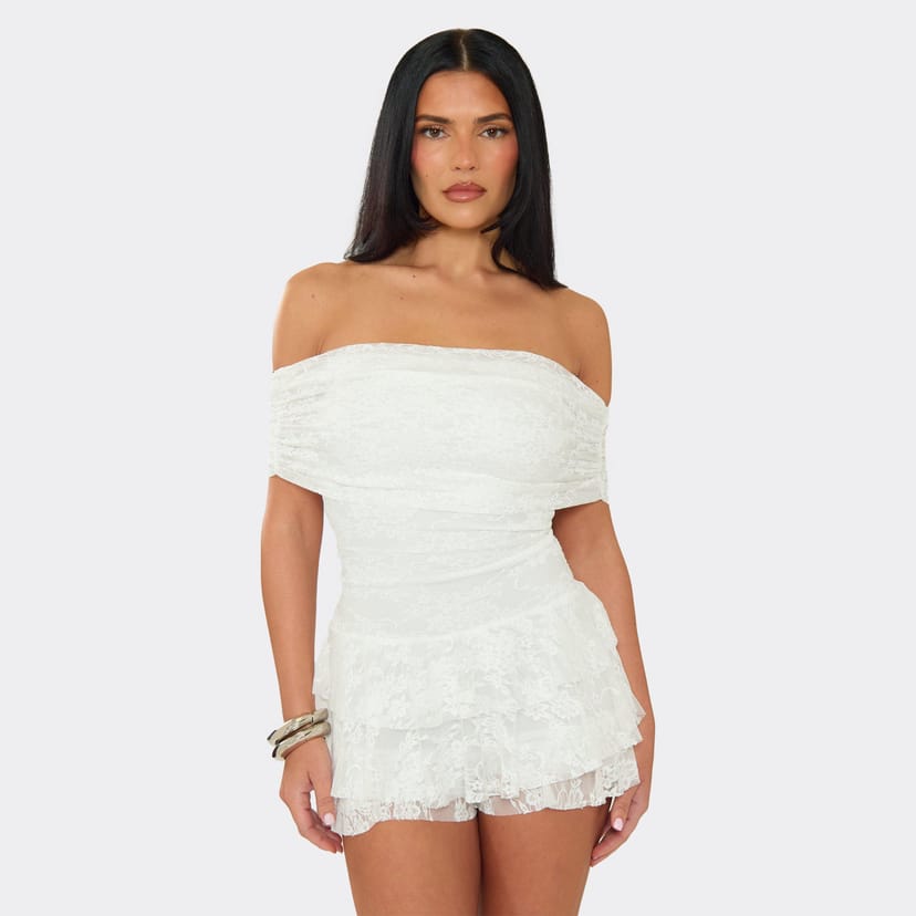 EGO Bardot Tiered Ruffle Hem Playsuit In White Lace, Women's Size UK 6 - 1