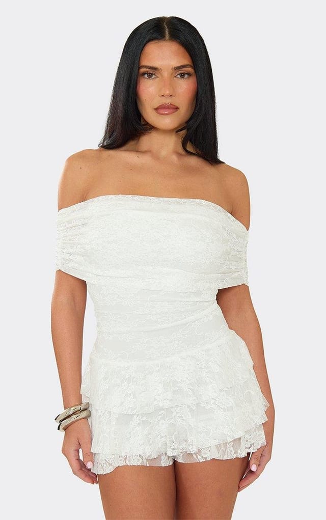 EGO Bardot Tiered Ruffle Hem Playsuit In White Lace, Women's Size UK 6 - 2