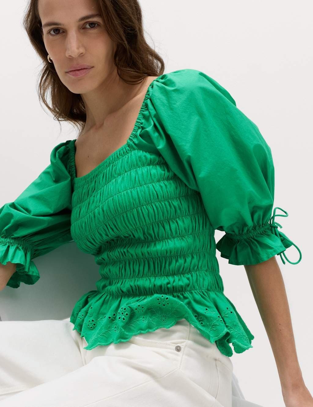 Marks & Spencer M&S Bright Green Cotton Puff Sleeve Top