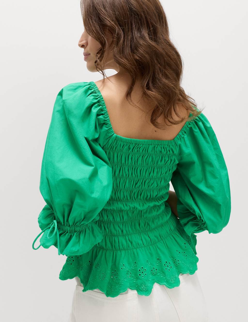 Marks & Spencer M&S Pure Cotton Shirred Puff Sleeve Top Bright Green - 2