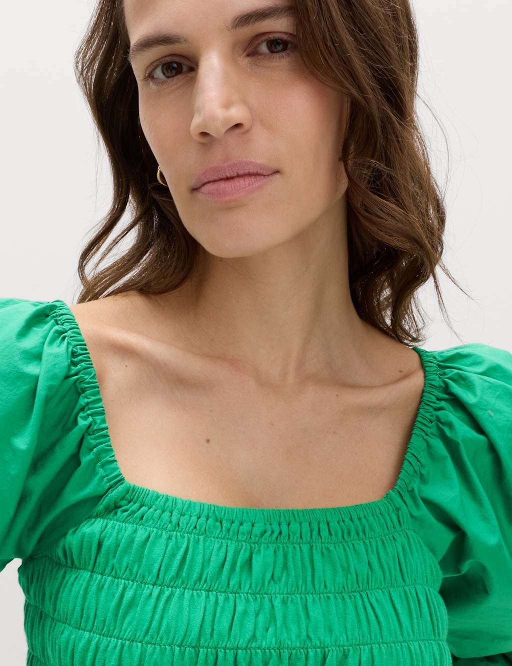 Marks & Spencer M&S Pure Cotton Shirred Puff Sleeve Top Bright Green - 3