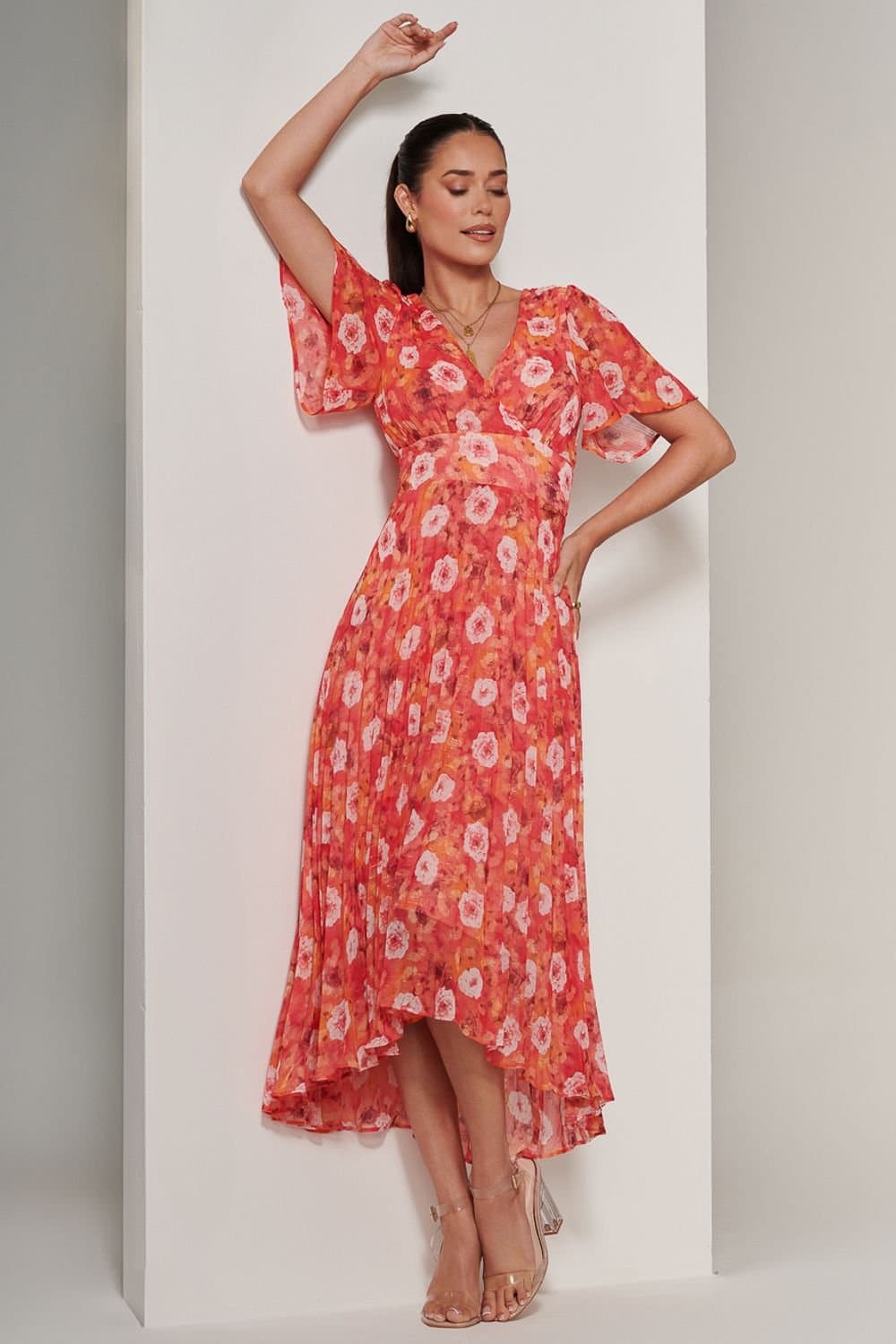 Jolie Moi Jolie Moi Women's Floral Pleated Chiffon Dip Hem Dress in Orange