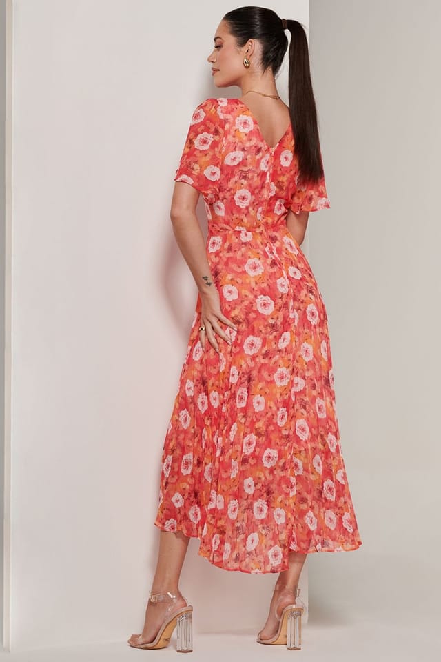 Jolie Moi Jolie Moi Women's Floral Pleated Chiffon Dip Hem Dress in Orange - 2