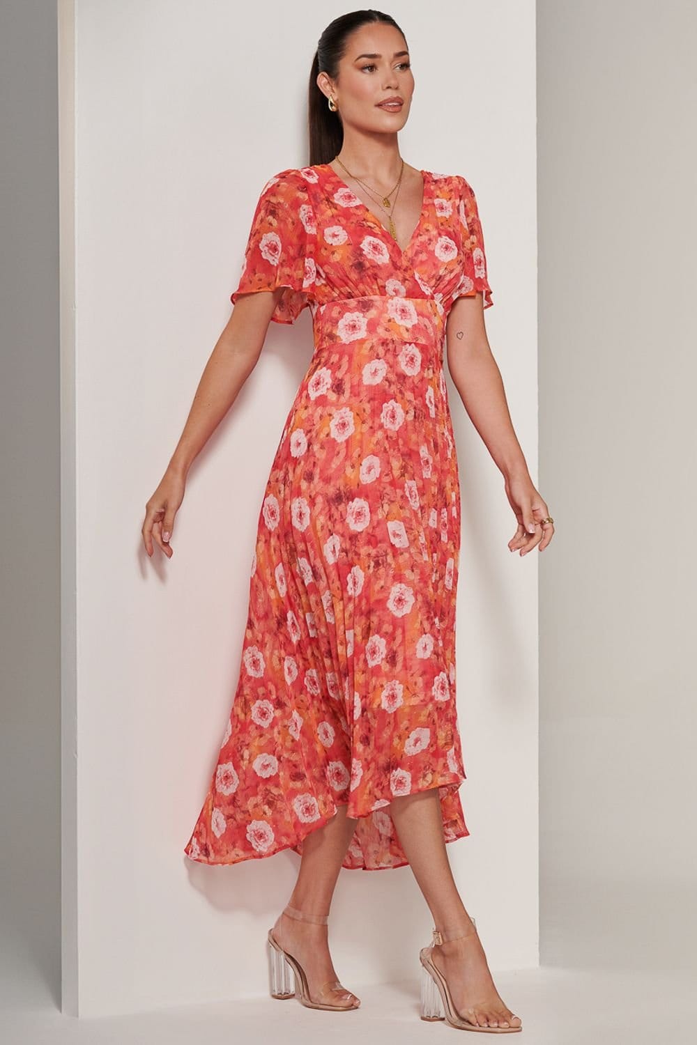 Jolie Moi Jolie Moi Women's Floral Pleated Chiffon Dip Hem Dress in Orange - 4