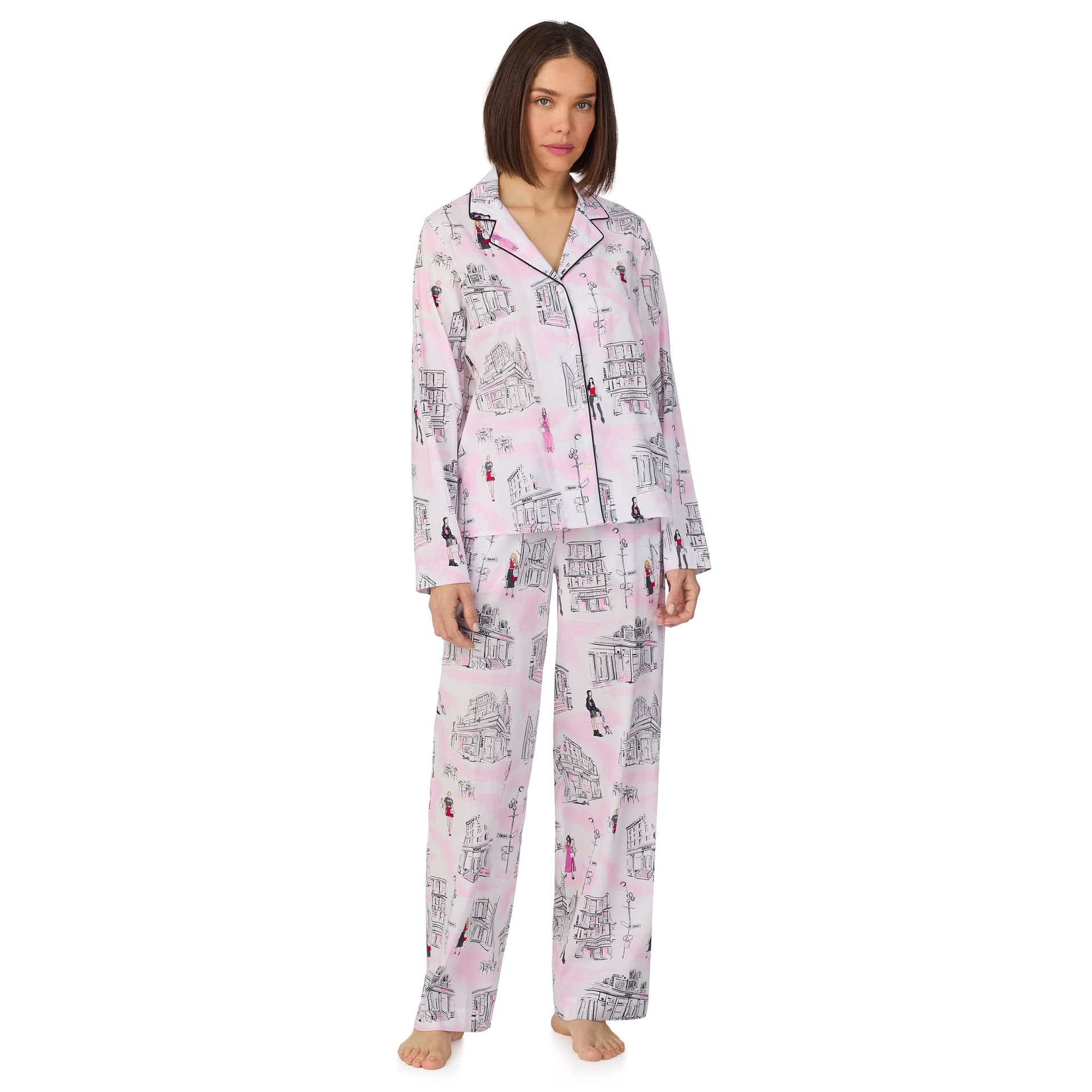 DKNY DKNY Women's Long sleeve notch top & pant sleep set in white city print in Pink