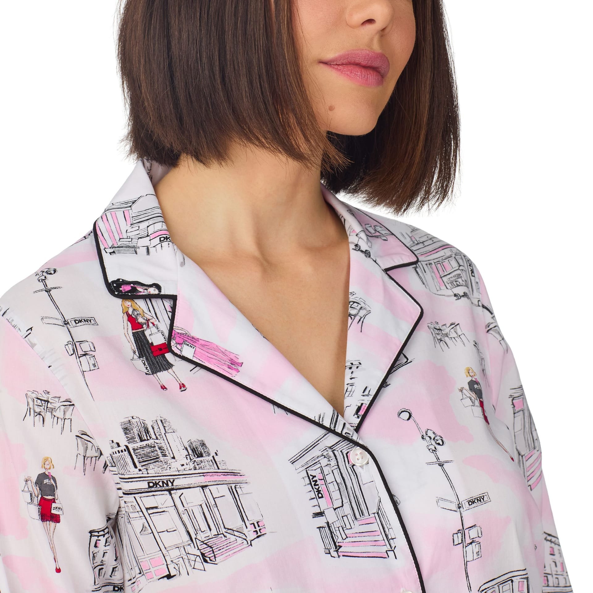 DKNY DKNY Women's Long sleeve notch top & pant sleep set in white city print in Pink - 4