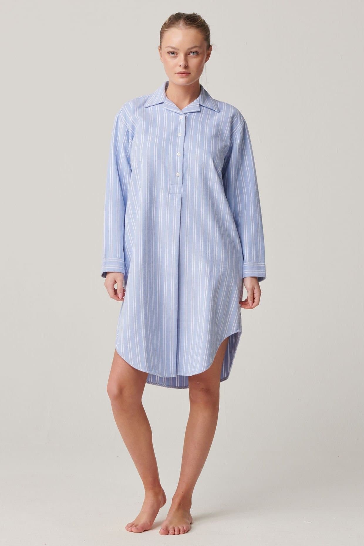 British Boxers British Boxers Women's 'Westwood' Blue Stripe Brushed Cotton Nightshirt in Light Blue