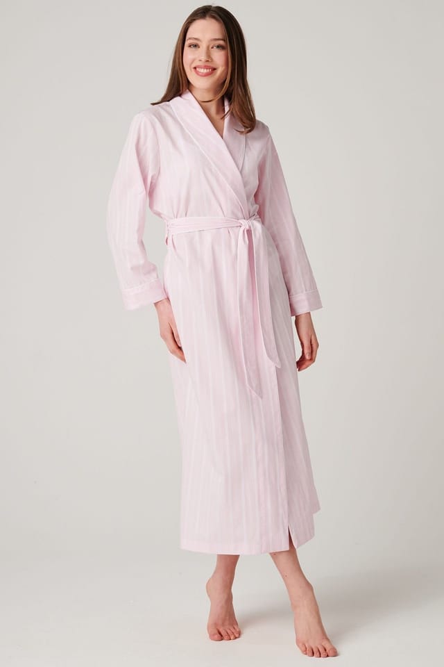 British Boxers British Boxers Women's "Shell Pink Satin Stripe" Crisp Cotton Dressing Gown in Baby Pink - 2