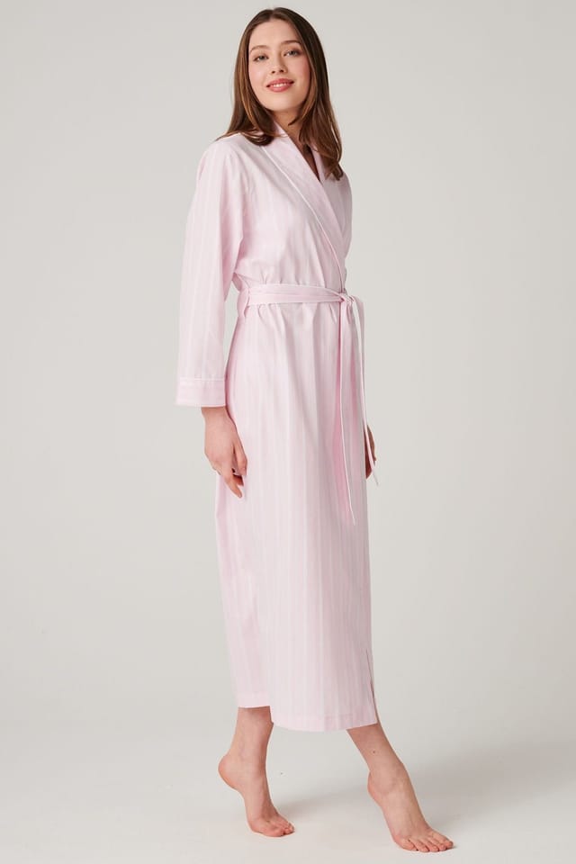 British Boxers British Boxers Women's "Shell Pink Satin Stripe" Crisp Cotton Dressing Gown in Baby Pink - 3