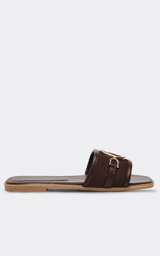 EGO Accent D Ring Woven Detail Flat Slider Sandal In Brown Faux Leather, Women's Size UK 3 - 2