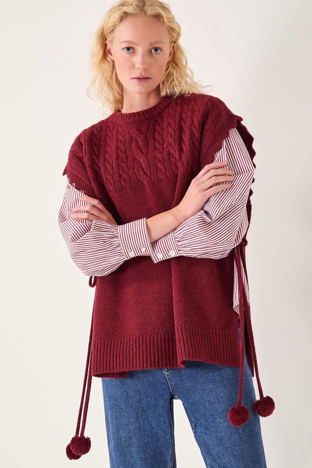 Monsoon Monsoon Women's Coco Sleeveless Cable Knit Poncho Red