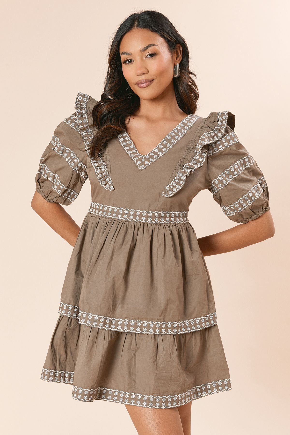 Dorothy Perkins Dorothy Perkins Women's Embroidered Trim Ruffle Shoulder Mini Dress in Khaki - 4