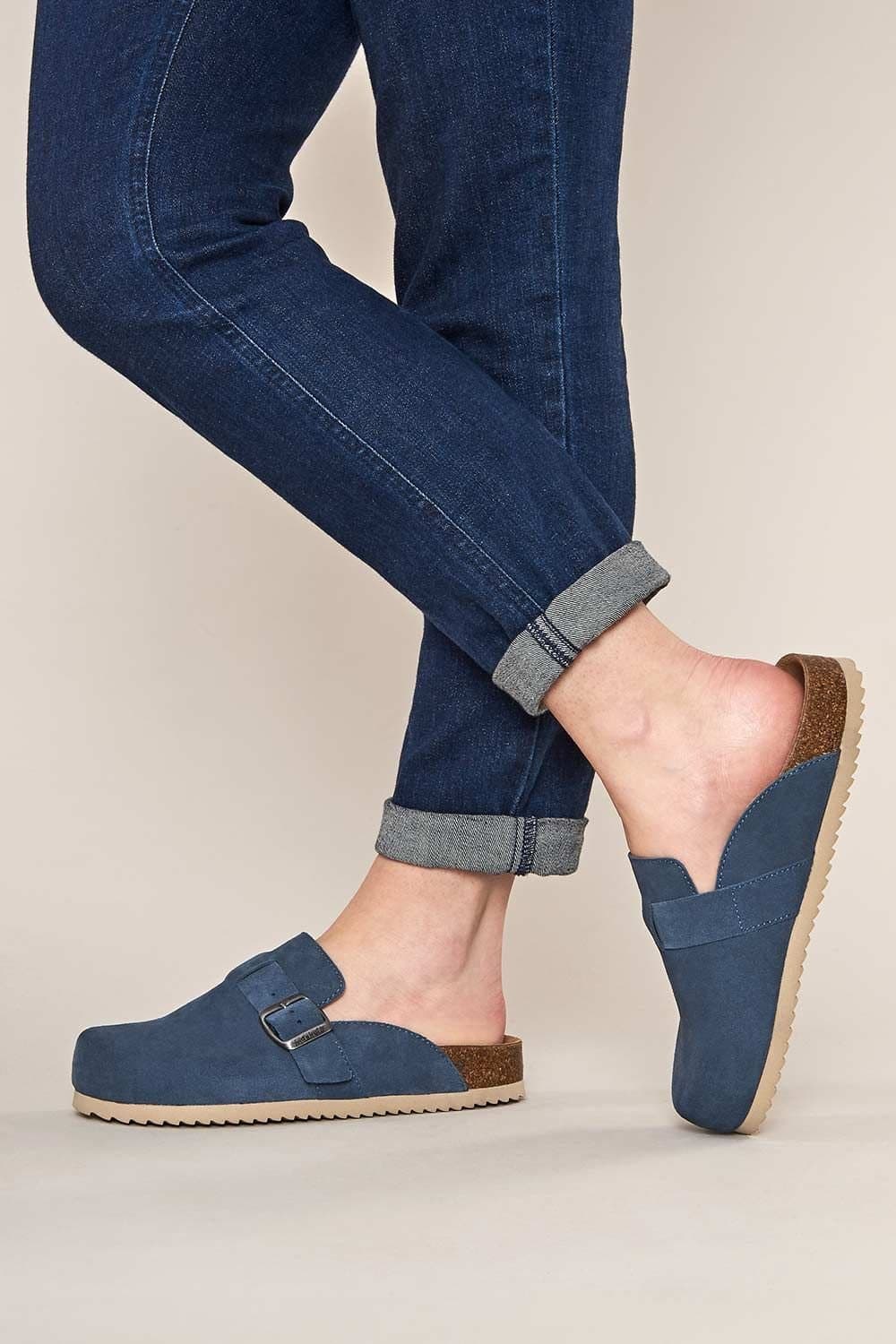 Moshulu Moshulu Women's Blue Suede Clogs with Cork Footbed