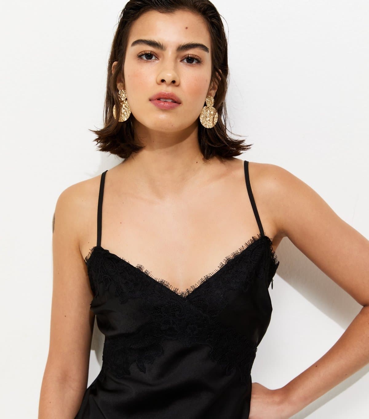 New Look Women's Black Lace Trim Slip Strappy Midi Dress New Look