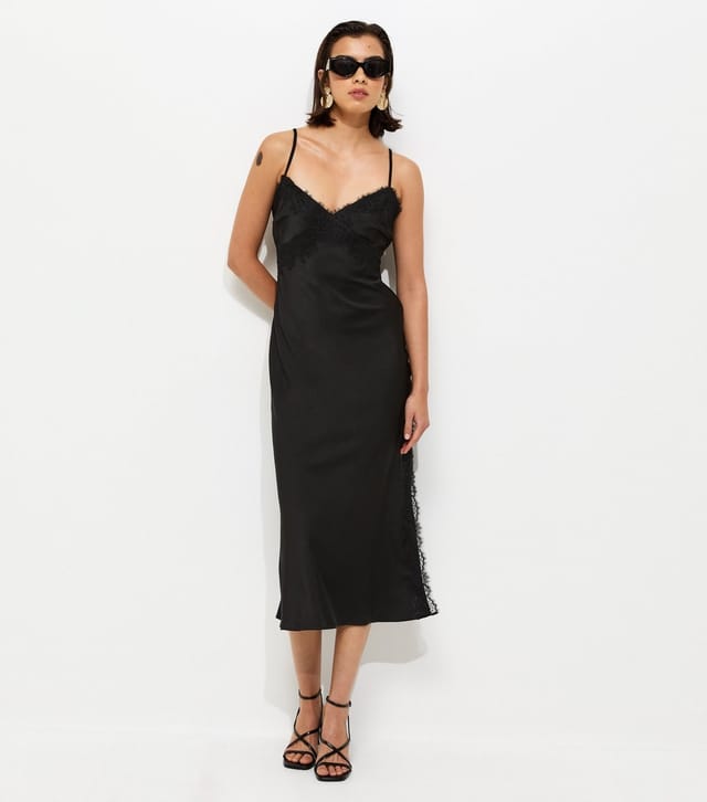 New Look Women's Black Lace Trim Slip Strappy Midi Dress New Look - 2
