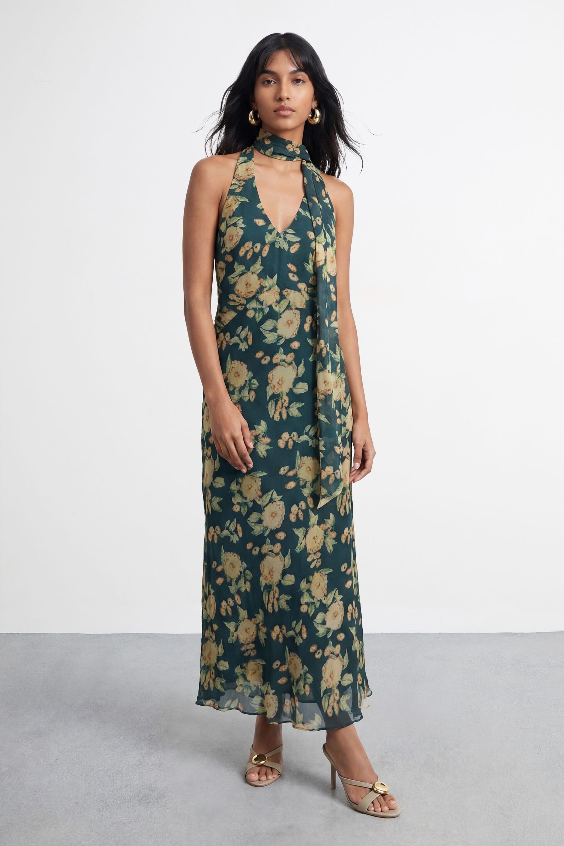 Warehouse Multicolor Blurred Floral Print Tie Neck Halter Maxi